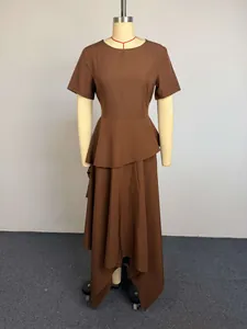 Full view of brown high-waist irregular dress with short sleeves on mannequin