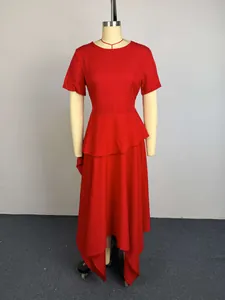 Full view of red round neck short sleeve dress with asymmetrical hem on mannequin