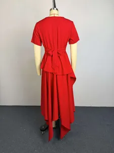 Back view of red short-sleeved dress with irregular hem and bow tie on mannequin
