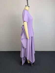 Side view of elegant lavender short sleeve irregular hem maxi dress on mannequin