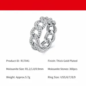 Bague Chaîne Cubaine en Moissanite en Argent Sterling 925 Serti Pavé Bague Géométrique Avec Certificat GRA Pour Femmes Bijoux de Mode
