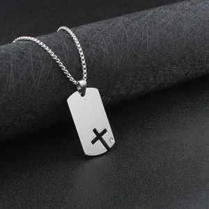 Minimalist stainless steel cross hollow dog tag pendant necklace for men with box chain