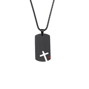 Black stainless steel dog tag necklace for men featuring a hollow cross pendant