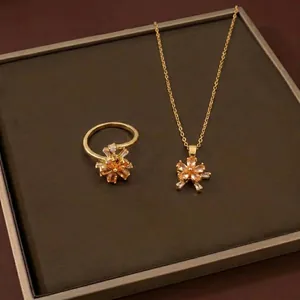 Luxury Flower Pendant Necklace And Rotating Ring Gold Plated Titanium Steel Zirconia Floral Jewelry For Women Banquet Gift