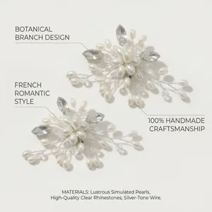 Detail of handmade botanical pearl and rhinestone shoe clips with material specs