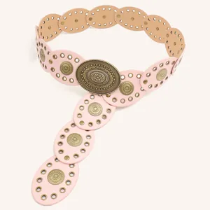 Bohemian punk style pink leather belt for women with large ornate antique metal buckle