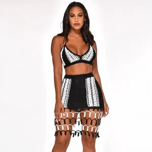 Fashionable two-piece black and white crochet beach dress set for women beachwear