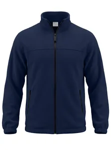 Vista frontale di una giacca in pile blu navy da uomo con zip intera e collo alto