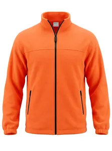 Dettaglio della giacca in pile arancione brillante da uomo con zip intera e collo alto.