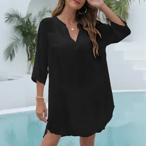 Elegant black deep V-neck beach cover-up dress for women seaside summer vacations