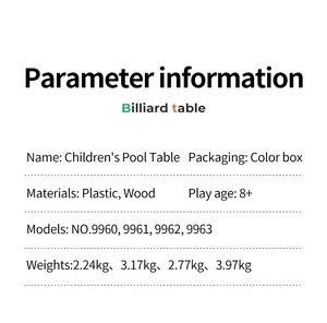 Parameterspezifikationen für ein hölzernes Tischbillard für Kinder in vier Modellen.