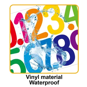 Detail showing waterproof vinyl letter stickers with vivid colors and water splashes.