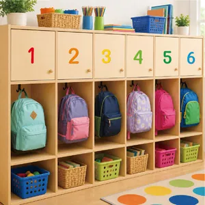 Detailed view of 4-inch colorful vinyl number stickers on wooden preschool lockers