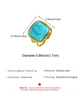 Detailed view of vintage Bohemian turquoise ring with stainless steel band measurements.