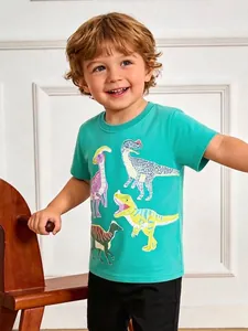 Boys Summer Short Sleeve 100% Cotton T-Shirt With Glow In The Dark Cartoon Dinosaur Print Casual Crew Neck Tops For Kids