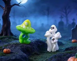 Vue détaillée de mini champignons fantômes pour micro-paysages d'Halloween