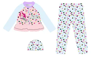 Vista plana de un conjunto de traje de baño de 3 piezas para niñas con sirena y lunares