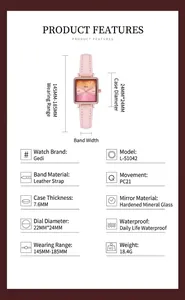 Detailliertes Datenblatt für Damen-Rechteckuhr mit rosa verlaufendem Zifferblatt