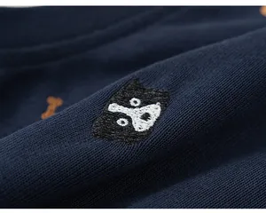 Detail shot of exquisite panda embroidery on a premium navy blue knit sweater for boys.