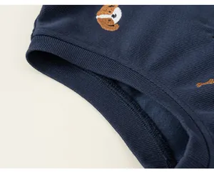 Close-up of navy ribbed knit fabric with embroidered dog detail on boys' clothing