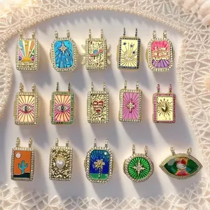 Bohemian Copper Gold Plated Tarot Pendant For DIY Necklace Enamel Evil Eye Sun Heart Star Zircon Jewelry Making Accessories