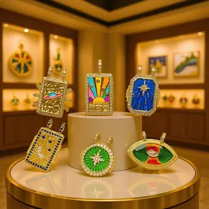 Detailed view of Bohemian tarot style pendants featuring rainbow sun, star, and evil eye.