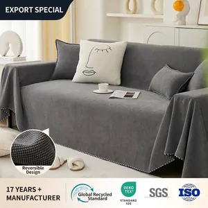 Nordic Chenille Sofa Cover With Scalloped Edge Waffle Weave Rice Grain Texture Full Coverage Protective Couch Blanket Throw