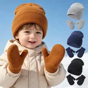 Warm winter toddler knit beanie and mittens set in multiple solid colors for outdoors