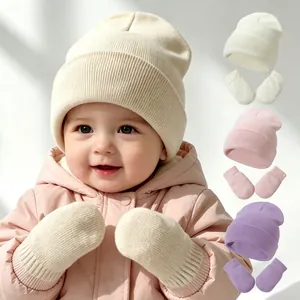 Soft baby knit beanie and mittens set in multiple solid colors for autumn winter