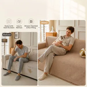 Comparison of sofa appearance before and after using a beige waffle weave couch cover.