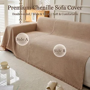 Detailed view of the double-sided waffle texture chenille sofa cover with fringe detail
