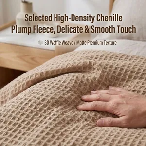 Detailed close-up of beige waffle-weave chenille couch cover showing soft fabric texture