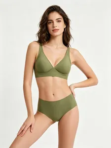 Seamless jelly bra and panty set in olive green featuring wireless soft support