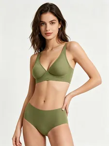 Detail view of seamless olive green jelly bra set with soft wireless support fit.