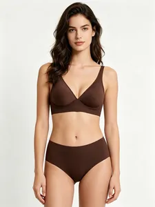 Dark brown seamless jelly glue bra set with soft support and high-waisted briefs.
