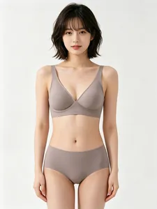 Front view of seamless jelly bra set with soft wireless support in elegant taupe color