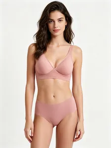 Seamless pink jelly bra set with wireless soft support shown on a model detail.