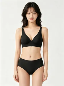 Detailed front view of seamless wireless jelly glue bra and panty set on Asian model