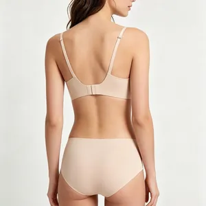 Back view of seamless beige jelly bra and high-waisted panty set with soft support