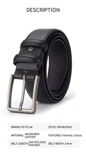 Close-up detail of a premium men's black embossed microfiber belt with a metal pin buckle