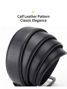 Close-up view of a black genuine leather belt showing fine calfskin grain and stitching