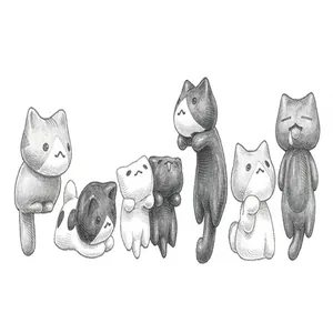 Detail showing seven creative cartoon cat sketches in pencil hand-drawn style.
