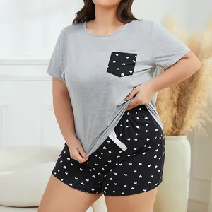 Women's Plus Size Pajama Set Heart Print Short Sleeve Top And Bottom Grey Black Summer Loungewear Breathable Sleepwear