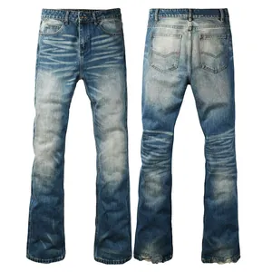 Detailed front and back view of men's blue flare jeans with distressed whiskering
