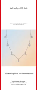 Detailed view of a 925 silver necklace featuring multiple moissanite star charms.