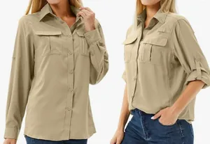 Detail of khaki quick-dry outdoor shirt with multi-pockets and roll-up sleeves