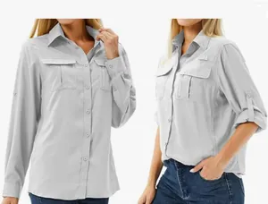 Front and side view of women's light grey quick-dry stretch outdoor shirt with pockets