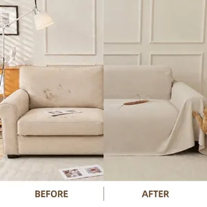 Comparison showing thickened corduroy sofa cover protecting against spills and scratches