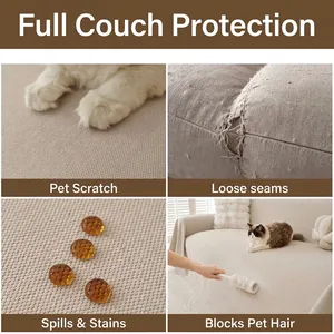 Close-up details of cat-proof corduroy sofa cover showing waterproof and scratch protection