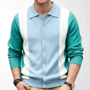 Men's Knit Long Sleeve Polo Cardigan Striped Color Block Button Down Business Casual Viscose Knitted Shirt Top